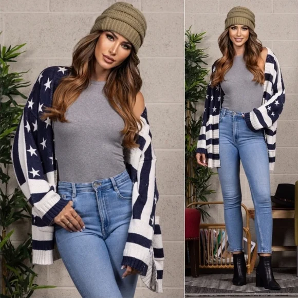 Patriotic Stars Stripes knit Fall Winter cardigan womens sweater cardigan - Picture 3 of 4